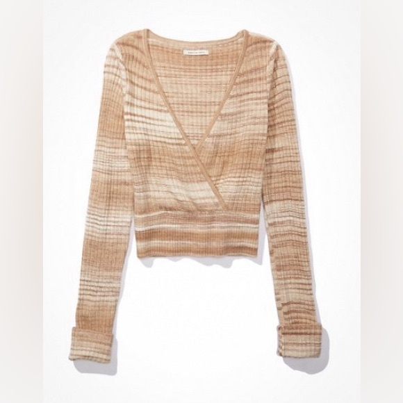 AE  | Tan & Cream Striped Crop Wrap Sweater NWT  L - Picture 1 of 5